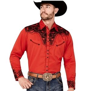 Scully Mens Western Shirt Red Black Floral Embroidered Pearl Snaps Long Sleeves